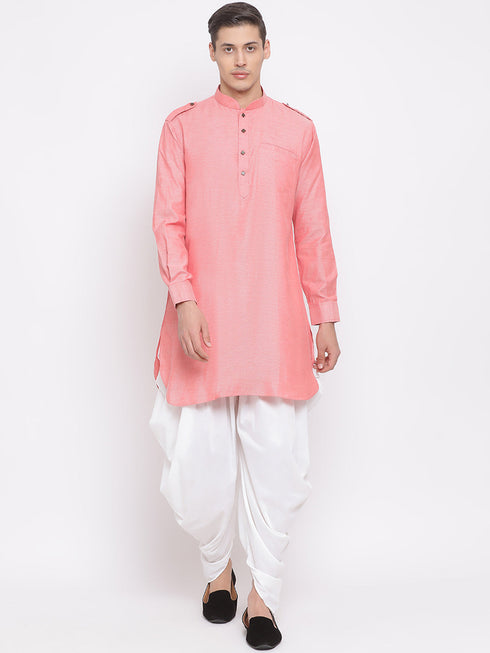 Vastramay Men's Red Cotton Blend Kurta and Dhoti Set